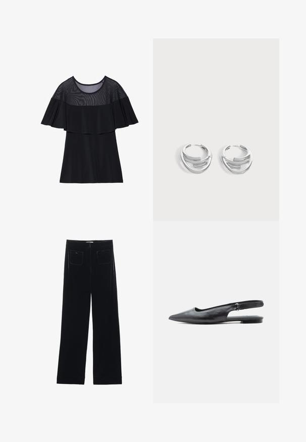 Haut noir avec une couche supérieure en mesh transparent au design froncé. Le tissu est lisse, avec un col rond et des manches courtes.; Pantalons larges en velours noir avec deux poches arrière et une texture lisse, présentant une coupe droite et une finition ourlée aux chevilles.; Chaussure plate en cuir noir à bout pointu, bride arrière avec talon bas et bride ajustable sur fond clair.; Paire de boucles d'oreilles anneaux en argent poli avec un design de barre incurvée superposée sur un fond clair uni.