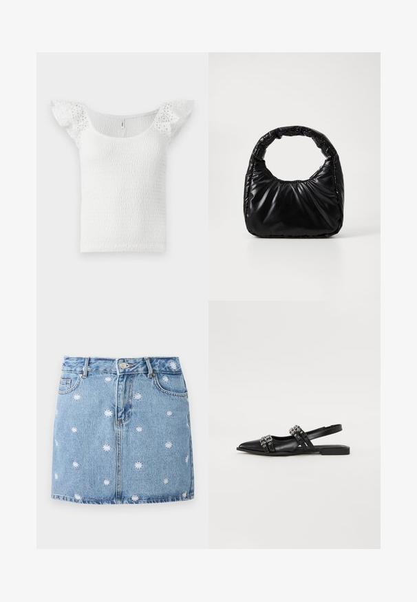 Witte top met een smockontwerp, brede halslijn en korte, kantachtige ruches mouwen, met een gestructureerd oppervlak overal.; Lichtblauwe denim rok met witte geborduurde bloemontwerpen, vijf zakken en een knoopsluiting aan de voorkant, met een rechte, mini-lengte snit.; Even&Odd by Zalando Slingback ballerina´s - black; Zwarte gevoerde handtas met een ronde handgreep, met een gladde, glanzende oppervlakte en een zachte, gewatteerde textuur. Geen zichtbare metalen onderdelen of accenten.