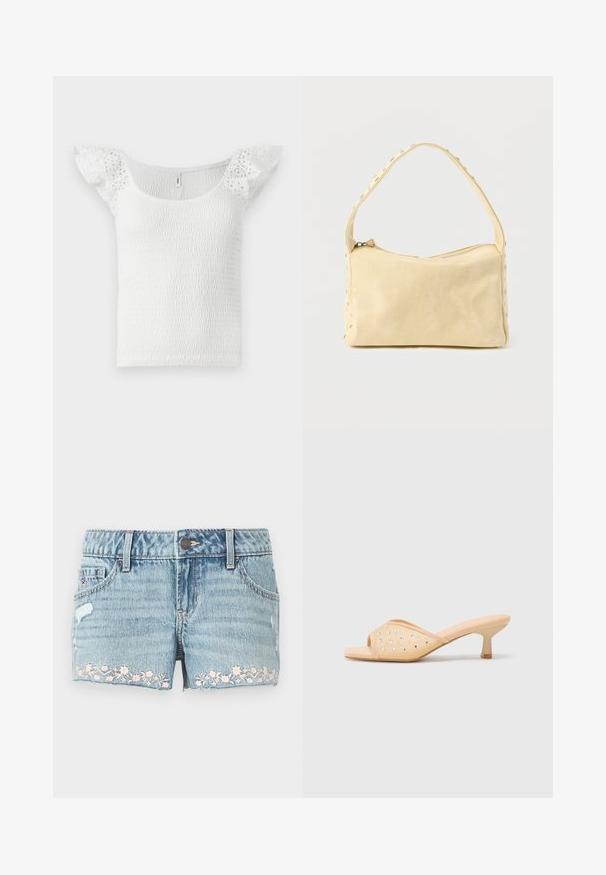 Haut blanc avec un design smocké, un large col et des manches courtes en dentelle avec volants, présentant une surface texturée dans l'ensemble.; Shorts en denim bleu clair avec un ourlet effiloché. Comprend une broderie florale rose près de l'ourlet, un design à cinq poches et une fermeture à bouton.; Mules à talons ouverts beige avec une finition matte lisse, ornés de strass transparents disposés en motif sur le dessus.; Petit sac à main en cuir beige avec une seule bandoulière et des clous argentés le long des bords et de la bandoulière, posé sur un fond uni.