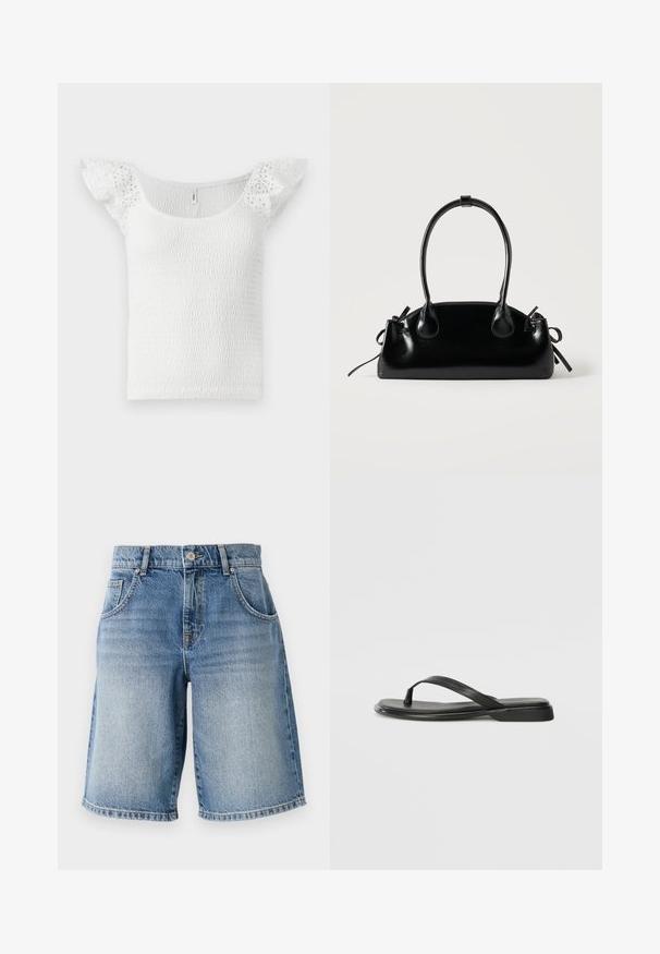Weißes Oberteil mit einem gerafften Design, weitem Ausschnitt und kurzen, spitzen Rüschensäumen, mit einer strukturierten Oberfläche.; Hellblaue Denim-Shorts mit geradem Schnitt, fünf Taschen und bronzefarbenen Beschlägen. Mit fransigem Saum und einer ausgewaschenen Waschung.; Schwarze Flip-Flops aus glattem Leder, mit einem dünnen Riemendesign und einer flachen Sohle mit minimalem Profil. Keine bemerkenswerten Muster oder Akzente.; Kleine schwarze glänzende Handtasche mit zwei langen Griffen und seitlichen Kordelzug-Details vor einfachem hellem Hintergrund.