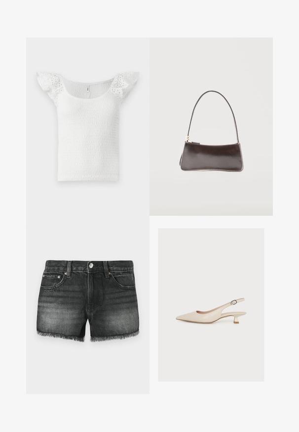 Weißes Oberteil mit einem gerafften Design, weitem Ausschnitt und kurzen, spitzen Rüschensäumen, mit einer strukturierten Oberfläche.; Schwarze Denim-Shorts mit ausgefranstem Saum, fünf Taschen und kupferfarbenen Beschlägen. Der ausgebleichte Look weist eine subtile Textur und ein klassisches Design auf.; Beiger Slingback-Schuh mit spitzer Kappe, niedrigem Kitten-Heel und einem Knöchelriemchen mit kleiner Schnalle, gezeigt auf schlichtem weißem Hintergrund.; Kleine rechteckige dunkelbraune Lederhandtasche mit einem einzelnen Riemen und goldfarbenem Reißverschluss.