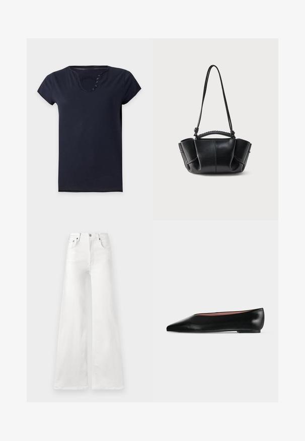 Mørkeblå kortærmet skjorte med rund halsudskæring med fem små knapper langs venstre side af kraven.; Hvide high-waisted wide-leg jeans lavet af denim, med knappelukning og traditionelle lommer foran og bagpå.; Sort damesko i læder med flad hæl og spids tå, vist fra siden på en ensfarvet lys grå baggrund.; Sort læderhåndtaske med en buet silhuet, opsamlede sider, flettet håndtag og en lang tynd rem mod en hvid baggrund.