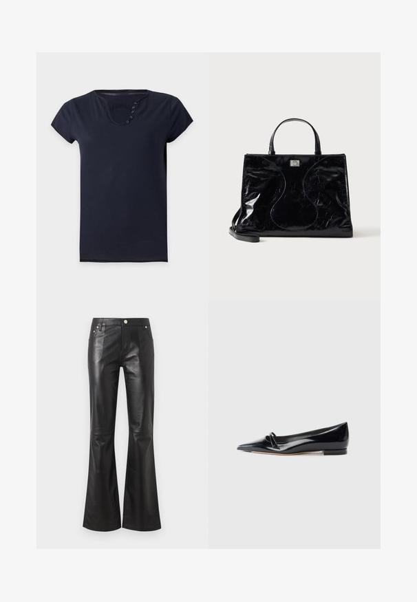 Chemise bleu foncé à manches courtes avec un col rond et cinq petits boutons sur le côté gauche du col.; Pantalon taille haute en simili cuir noir avec jambes évasées, fermeture devant par bouton et fermeture éclair, poches devant et derrière.; Chaussure plate en cuir verni noir avec un bout pointu, une petite lanière décorative et un petit talon carré. Texture lisse et design épuré.; Sac à main en cuir noir brillant avec poignées courtes, bandoulière amovible et détails de couture discrètement courbés à l’avant.