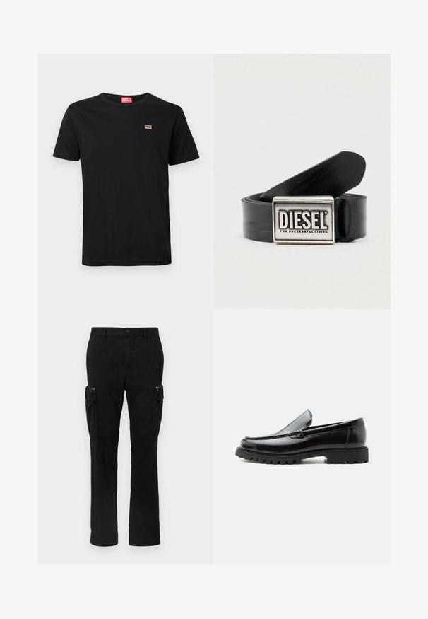 Schwarzes kurzärmeliges T-Shirt aus Baumwolle mit Rundhalsausschnitt. Verfügt über einen kleinen Markenaufnäher auf der linken Brust.; Schwarze Cargo-Hose aus Baumwolle mit zwei seitlichen Taschen, geradem Bein und sichtbaren Nähten an den Säumen.; Schwarzer Lederloafer mit grober Gummisohle, genähter Oberseite und geprägtem Markennamen an der Ferse, seitlich auf weißem Hintergrund gezeigt.; Schwarzer Ledergürtel mit einer rechteckigen silbernen Schnalle, auf der der Markenname "DIESEL" und der Satz "FOR SUCCESSFUL LIVING" eingraviert sind. Glatte Textur.