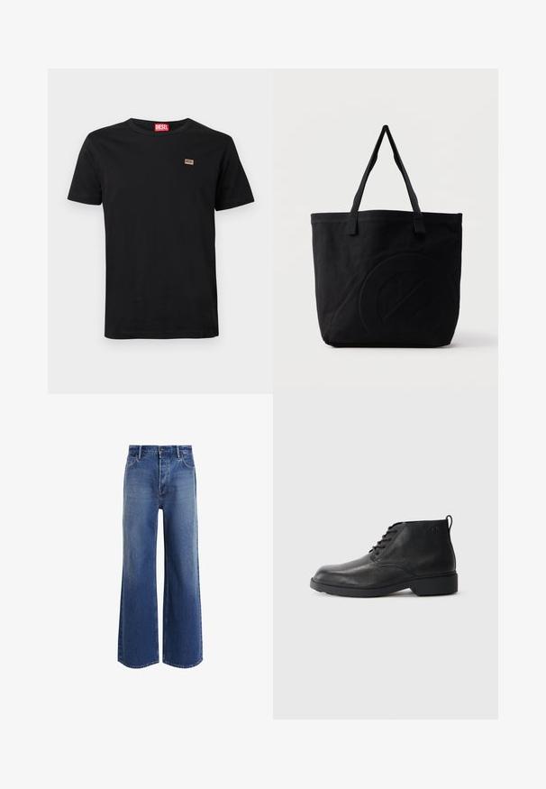 Sort kortærmet T-shirt i bomuld med rund hals. Har et lille mærke med logo på venstre bryst.; Højtsiddende wide-leg jeans i mellemblå denim, med et klassisk fem-lomme design, let falmning og frynsede kantdetaljer.; Sorte læderstøvler med en tekstureret finish, rund tå, snørebånd foran og en robust gummisål. Har en lille træksløjfe bagpå.; Sort canvas-tote-taske med to skulderstropper og et diskret præget cirkeldesign på fronten.