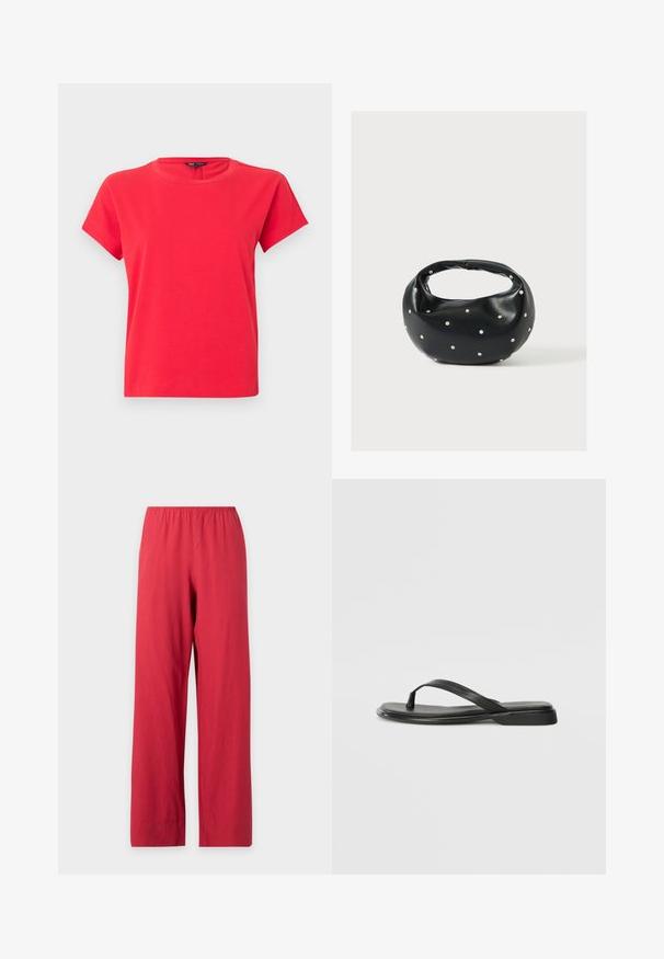T-shirt rouge vif à manches courtes avec col rond, design uni, et étiquette visible à l'intérieur du col sur fond gris.; Pantalon droit rouge avec taille élastique, présenté sur un fond gris clair uni.; Tongs noires en cuir lisse, avec un design de sangle fine et une semelle plate à profil minimal. Aucun motif ou accent notables.; Sac à main en cuir noir de forme arrondie, décoré de clous argentés et équipé d'une poignée courte. Texture lisse et fermeture éclair.