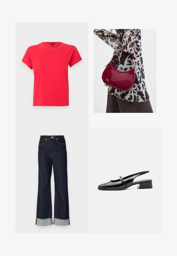 Camiseta de manga corta de color rojo brillante con cuello redondo, diseño liso y etiqueta visible en el interior del cuello sobre un fondo gris.; Jeans de mezclilla oscura de pierna ancha con dobladillo sin terminar, costuras naranjas en contraste y dos bolsillos delanteros; los puños enrollados revelan mezclilla más clara debajo.; Zapato slingback de charol negro con tacón bajo y grueso y una fina correa con hebilla de plata en la parte superior.; Mujer con blusa de estampado en blanco y negro sosteniendo un bolso de hombro rojo brillante sobre un fondo liso.