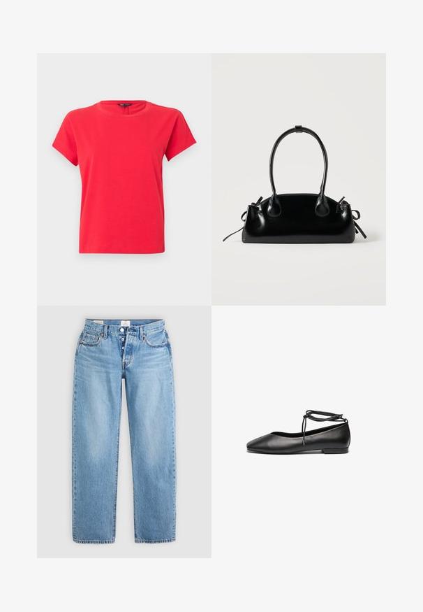 Lyse rød T-shirt med korte ærmer og rund hals, ensfarvet design, med mærke synligt inde i halsudskæringen mod en grå baggrund.; Lysblå denim jeans med lige snit, fem lommer og knaplukning. Har syet detaljer og en ren kant.; Sorte læder ballerinaer med spids tå, flad hæl og snørredetalje om anklen. Glat tekstur, minimalistisk design.; Lille sort blank håndtaske med to lange håndtag og snøre-detaljer i siden på en ensfarvet lys baggrund.