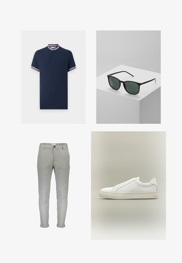 Marineblå poloshirt med korte ærmer, tre knapper, stribet krave og ærmekanter i hvid, marineblå og burgundy.; Lysegrå sweatpants med slim fit, elastisk talje, frontknaplukning og opslåede manchetter. Lavet af et blødt, tekstureret stof.; Hvid lavtop sneaker med snørebånd foran og tyk sål, vist fra siden mod en neutral baggrund.; Sorte rektangulære solbriller med mørkegrønne linser, udstyret med en let plastisk stel og sølvdetaljer på stængerne.