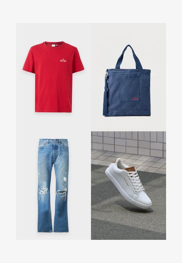 Pepe Jeans THIAGO TEE - T-shirt imprimé - rugby red; Jeans en denim bleu à jambe droite avec un délavage usé et plusieurs déchirures sur les deux genoux et les cuisses supérieures.; Baskets en cuir blanc avec une texture lisse, accent beige au niveau du talon, logo doré sur le côté et semelle en caoutchouc avec une adhérence texturée.; Sac fourre-tout en toile bleue avec poche frontale et broderie rouge "O.N.S", doté de doubles poignées et d'une bandoulière réglable.