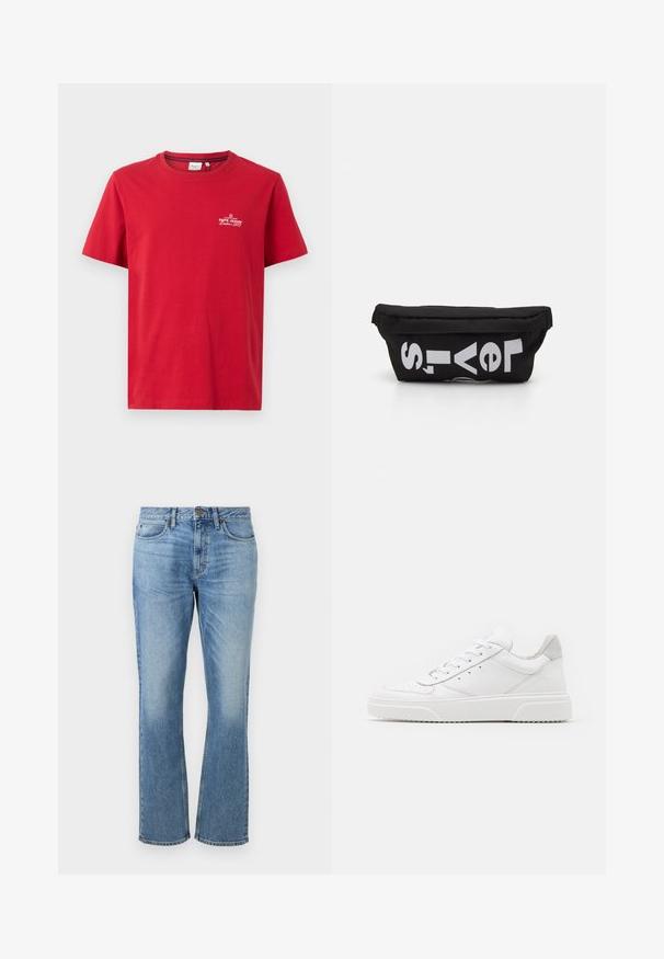 Pepe Jeans THIAGO TEE - Tričko s potlačou - rugby red; Svetlomodré džínsy s rovnom nohou, s predným zapínaním na gombík, piatimi vreckami a vyblednutými miestami pre textúru.; Biele kožené tenisky s hladkým povrchom, zaoblenou špičkou, plochými šnúrkami a textúrovanou podrážkou. Sivý semišový akcent na päte.; Čierna taška z tkaniny s plochým tvarom, s výrazným bielym textom. Zips je umiestnený na vrchu, s detailom slučky na jednej strane.