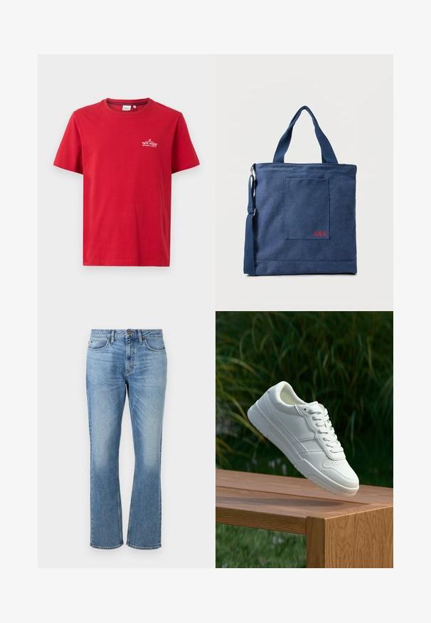Pepe Jeans THIAGO TEE - T-shirts print - rugby red; Lyseblå denim jeans med et lige ben-design, der har forsænket knaplukning, fem lommer og slidte områder for tekstur.; Hvide lædersneakers med en glat overflade, prydet med perforeret design, klassisk snørering og gummisål, placeret over en træoverflade.; Blå lærredstote taske med frontlomme og rød "O.N.S" broderi, med to håndtag og en justerbar skulderrem.