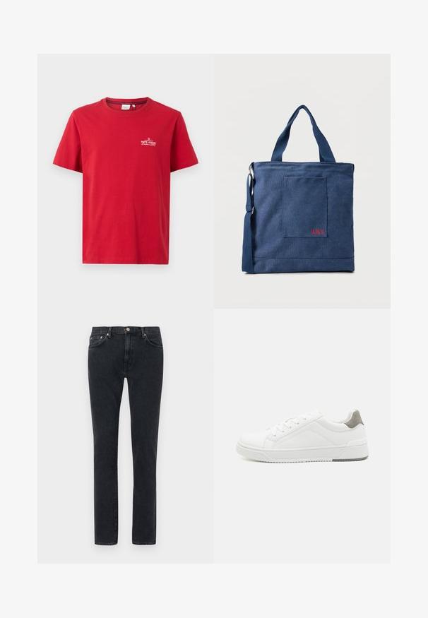 Pepe Jeans THIAGO TEE - T-shirt imprimé - rugby red; Jeans en denim noir avec un design à jambe droite, dotés d'une fermeture à bouton, de passants de ceinture et d'un léger délavage sur le tissu.; Basket blanche en cuir lisse, à bout arrondi, design minimaliste, accent de talon gris et semelle en caoutchouc texturé.; Sac fourre-tout en toile bleue avec poche frontale et broderie rouge "O.N.S", doté de doubles poignées et d'une bandoulière réglable.