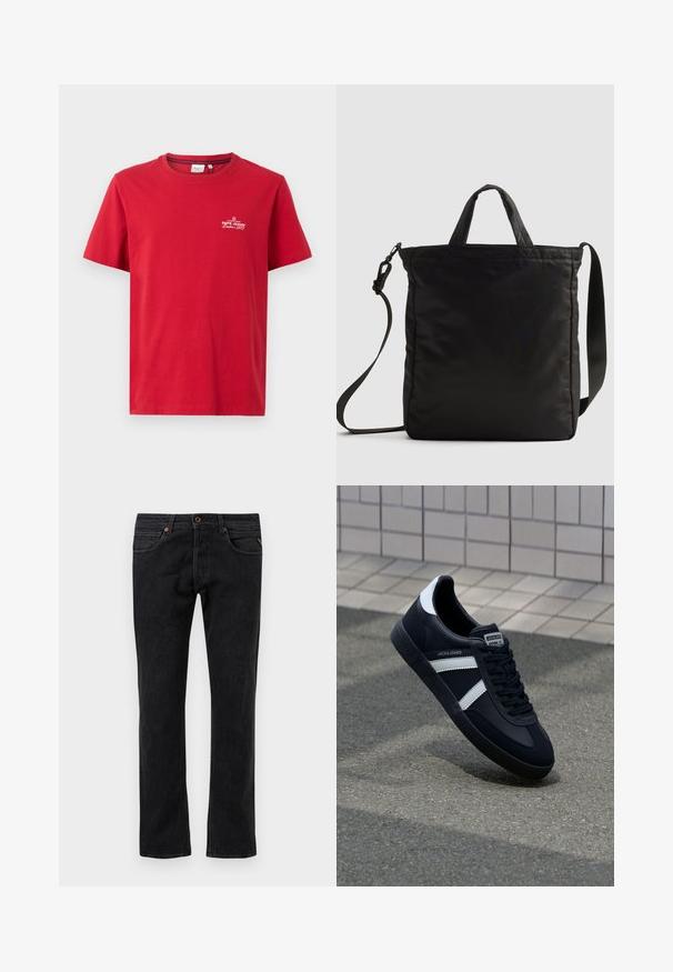 Pepe Jeans THIAGO TEE - T-shirt print - rugby red; Zwarte spijkerbroek van denim met een rechte pijp, voorzien van vijf zakken, subtiele wassing en oranje stiksels.; Zwarte leren sneaker met witte strepen, een gestructureerde rubberen zool en vetersluiting aan de voorkant. Voorzien van een merklabel op de tong.; Zwarte nylon tote bag met korte handvatten en een afneembare schouderband, voorzien van een slank, gewatteerd ontwerp en minimale hardware-accenten.