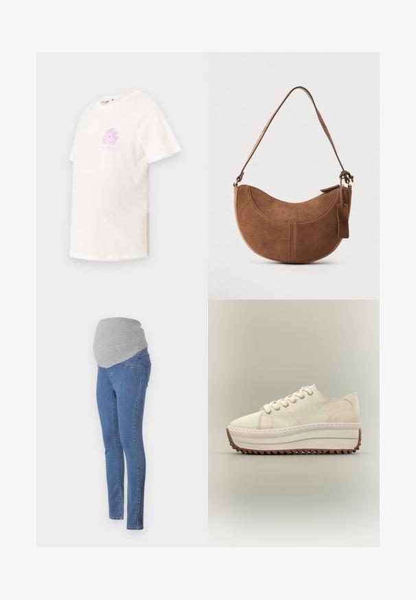 Kortærmet t-shirt med rund hals i off-white bomuld, der har et pastelfarvet rosa blomstermotiv på brystet og en afslappet pasform.; Graviditetsjeans med en tætsiddende design, blåt denimstof og en blød grå jersey-linning for komfort. Har baglommer og en slim fit.; Kremfarvet platform sneakers med tyk hvid sål og brunt zigzag mønster, snørelukning og øvre materiale af lærred.; Brun ruskinds håndtaske med en buet, halvmåneformet silhuet. Har en skulderrem, et lille mærke og synlige sømme langs kanterne.