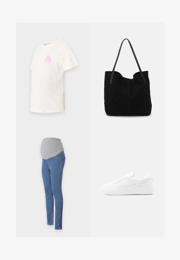 T-shirt à manches courtes, col rond en coton blanc cassé, présentant un motif floral pastel rose sur la poitrine et une coupe décontractée.; Jeans de maternité avec un design ajusté, en denim bleu et une ceinture en jersey gris doux pour plus de confort. Dotés de poches arrière et d'une coupe slim.; Baskets basses blanches avec semelle épaisse, design à lacets et détails de couture subtils sur un fond clair uni.; Sac fourre-tout en suède noir avec deux longues anses en cuir plates. Présente un bord supérieur incurvé et des coutures visibles sur le devant. Pas d'accents en métal.