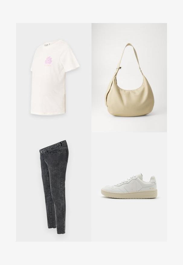 Kortærmet t-shirt med rund hals i off-white bomuld, der har et pastelfarvet rosa blomstermotiv på brystet og en afslappet pasform.; MAMALICIOUS Slim fit Mid waist Raw hems - Jeans Slim Fit - grey denim; Hvide lædersneakers med perforeret tåboks, kontrasterende beige gummisål og logoer på siden og hælen. Minimalistisk design.; Beige læder skuldertaske med en buet form, justerbar rem og præget logo detalje, der har en glat tekstur og minimalistisk design.