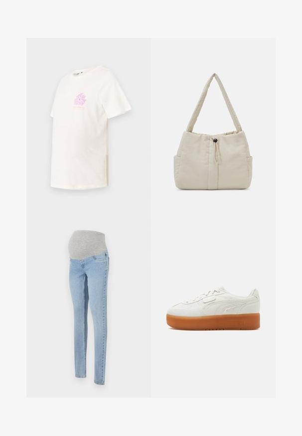Kortærmet t-shirt med rund hals i off-white bomuld, der har et pastelfarvet rosa blomstermotiv på brystet og en afslappet pasform.; Graviditetsbukser i lys blå denim med en blød grå stræk-linning. Har slim fit og klassisk fem-lomme design.; Hvid lavsko med tyk brun gummisål, syningsdetaljer på siden og snørelukning med lille velcrostykke.; Even&Odd by Zalando Håndtasker - off-white