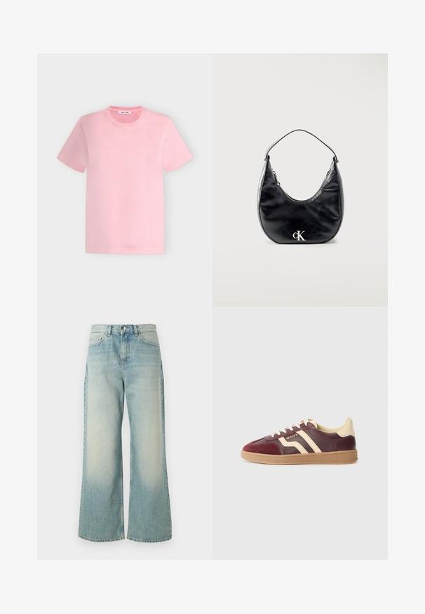 Rosa t-shirt med korte ærmer og rund hals med ensfarvet design på en lys grå baggrund.; Lyseblå vide jeans lavet af denim, med en afdæmpet vask, klassisk fem-lomme design og en frontknaplukning.; Bordeaux- og cremefarvede lædersneakers med suedepaneler, der har to diagonale striber, en tekstureret gummisål og en rund tådesign.; Sort lædertaske i halvmåneform med kort strop og sølvfarvet "cK"-logo foran, lynlåslukning i toppen.