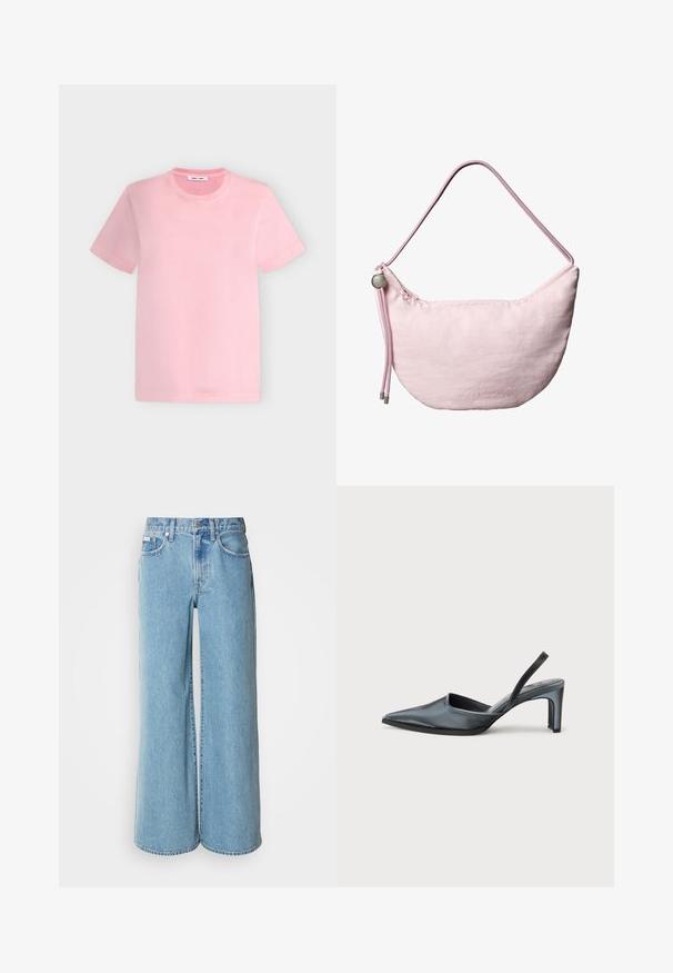 Rosa T-Shirt mit kurzen Ärmeln und Rundhalsausschnitt mit einfarbigem Design auf hellgrauem Hintergrund.; Hellblaue weite Jeans aus Denim, mit hoher Taille, Fünf-Taschen-Design und subtilen Auswaschungen im Stoff.; Schwarzer Slingback-Absatz mit spitzem Zehenbereich, eleganter Satinoptik und schlankem 7,5 cm Absatz. Offenes Seitendesign mit minimalen Nahtdetails.; Weiche, rosafarbene Schultertasche in Mondsichelform mit verstellbarem Kordelriemen, Metallstopper und dezentem, geprägtem "cK"-Logo in der Mitte vorne.
