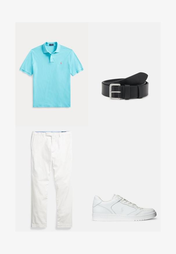 Hellblaues kurzärmeliges Poloshirt mit zwei Knöpfen und kleinem pinkfarbenem, gesticktem Logo auf der Brust, flach auf einem weißen Hintergrund ausgelegt.; Weiße Baumwoll-Chinos mit flacher Vorderseite, Gürtelschlaufen, Seitentaschen und einer glatten Textur, mit einem blauen inneren Bund.; Weißer Ledersneaker mit glatter Textur, ausgestattet mit einer perforierten Zehenpartie, Schnürverschluss und gesticktem Logo an der Seite. Weiße Gummisohle.; Schwarfer Leder Gürtel mit einer silbernen Metall Schnalle. Verfügt über eine glatte Textur und einen Zungener für die Größenanpassung. Klassisches Design ohne Verzierungen.