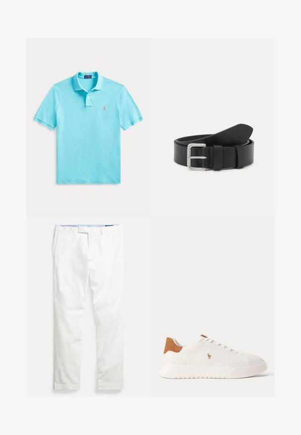 Polo bleu clair à manches courtes avec deux boutons et petit logo rose brodé sur la poitrine, posé à plat sur un fond blanc.; Chinos en coton blanc avec devant plat, passants pour ceinture, poches latérales et texture lisse, dotés d'une ceinture intérieure bleue.; Baskets basses blanches avec languette de talon beige, lacets blancs et petit logo brodé d'un joueur de polo sur le côté au-dessus d'une semelle épaisse.; Ceinture en cuir noir avec une boucle en métal argenté. Présente une texture lisse et une languette pour le réglage de la taille. Design classique sans embellissements.