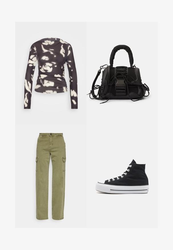 ONLY ONLPARIS RUCHING - Langærmet T-shirt - phantom/white; Cargo bukser i olivengrøn, med høj talje, lige ben, sidelommer og et struktureret bomuldsstof.; Høje canvas sneakers i sort med hvid gummitå, hvide snørebånd og en struktureret sort overdel. Mellemsål i sort og hvid strib.; Sort håndtaske med en netlignende overflade, vævet håndtag og dekorativ snøring. Indeholder aftagelig rem og kontrasterende metaldele.