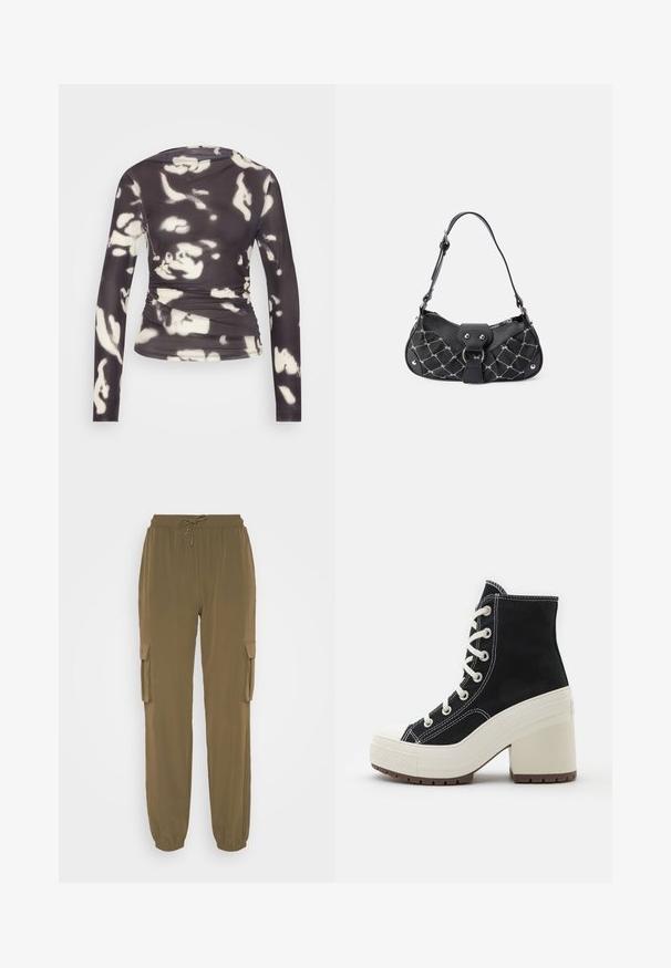 ONLY ONLPARIS RUCHING - T-shirt à manches longues - phantom/white; Noisy May NMKIRBY PANTS - Pantalon cargo - kalamata; Bottines montantes noires avec lacets blancs, en tissu texturé, semelle plateforme crème et talon carré. Comprend des coutures blanches et un embout en caoutchouc.; Sac à main noir avec texture matelassée, doté de quincaillerie en argent, d'une forme incurvée et d'une seule bandoulière réglable. Fermeture zippée sur le dessus.