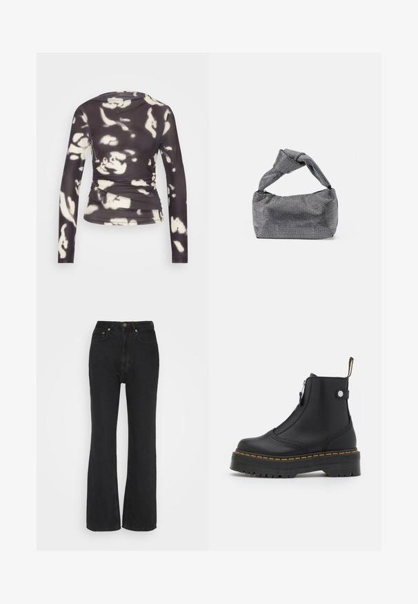 ONLY ONLPARIS RUCHING - Μπλούζα με μακριά μανίκια - phantom/white; Weekday RESOLUTE RIGID CURVE - Straight leg jeans - ink black; Μαύρο μποτάκι στον αστραγαλό, φτιαγμένο από λείο δέρμα, με φερμουάρ στη πλάγια πλευρά, κίτρινες ραφές και χοντρή, εγχάρακτη ελαστική σόλα.; Μαύρη και ασημένια τσάντα χειρός με υφασμάτινη επιφάνεια που διαθέτει διαμαντένιο σχέδιο, κόμπο στη λαβή και δομημένο σχήμα.