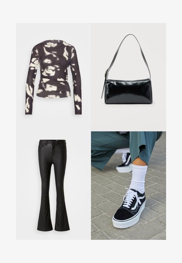 ONLY ONLPARIS RUCHING - Longsleeve - phantom/white; Zwarte flared jeans gemaakt van een glanzende, soepele stof. Heeft een hoge taille, voorzakken en een rits met een knoopsluiting.; Zwarte suède sneaker met witte accenten en veters, uitgerust met een dikke witte zool en contrasterende stiksels, gecombineerd met een witte sok.; Zwarte rechthoekige schoudertas met een enkele verstelbare band en een bovenste ritssluiting op een effen achtergrond.