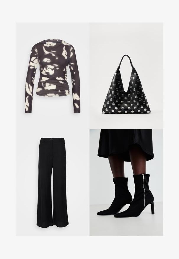 ONLY ONLPARIS RUCHING - Camiseta de manga larga - phantom/white; Pantalones de pierna ancha negros hechos de una tela ligera, con una textura suave, cierre de botón en la parte delantera y bolsillos laterales.; Botas negras hasta el tobillo con un cuerpo de tela elástica, punta afilada y cierre lateral de cremallera, sobre un tacón fino y alto.; Bolso de cuero negro con forma triangular, adornado con puntos metálicos plateados y un asa texturizada. Acabado suave en general.