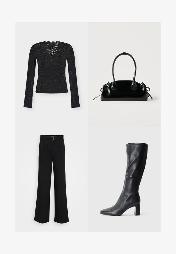 Haut noir en dentelle à manches longues avec motif floral et col en V sur fond gris clair uni.; Pantalons larges noirs en tissu léger, présentant une texture lisse, des plis avant et une ceinture avec une boucle en métal carrée.; Botte en cuir noir, hauteur genou, à bout pointu et à talon épais. Texture lisse avec un design élégant et des détails de couture subtils.; Petit sac à main noir brillant avec deux longues anses et des détails à cordon sur les côtés sur un fond clair uni.