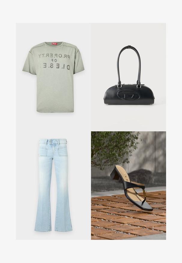 Ανοιχτό γκρι T-shirt Diesel με ξεθωριασμένο μαύρο κείμενο "PROPERTY OF D.I.E.S.E.L" ανάποδα στο μπροστινό μέρος και κόκκινη ετικέτα με το λογότυπο μέσα στο γιακά.; Ανοιχτό μπλε φαρδιά τζιν παντελόνια σε παλιοκομμένα τζιν, με δύο μπροστινές τσέπες, κουμπωτή μέση και αντίθετες ραφές. Λείος υφασμάτινος σκελετός.; Μαύρο σανδάλι με τακούνι, λουράκι για το δάχτυλο και χρυσή λεπτομέρεια, τοποθετημένο σε ξύλινη και λιθόστρωτη επιφάνεια σε εξωτερικό χώρο κοντά σε φυτά.; Μαύρη δερμάτινη τσάντα με μακριές διπλές λαβές και ανάγλυφο οβάλ λογότυπο στο εμπρόσθιο μέρος, εμφανίζεται σε απλό φωτεινό φόντο.