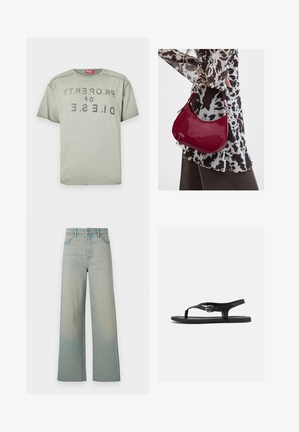 Camiseta Diesel de color gris claro con texto negro descolorido "PROPERTY OF D.I.E.S.E.L" invertido en el frente y una etiqueta de la marca en rojo dentro del cuello.; Wrangler LOOSE STRAIGHT - Vaqueros holgados - silver lake; Sandalia plana negra con correa al tobillo, separador de dedo y hebilla plateada sobre suela lisa, vista lateral sobre fondo blanco.; Mujer con blusa de estampado en blanco y negro sosteniendo un bolso de hombro rojo brillante sobre un fondo liso.