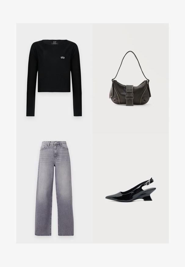 Zwarte lange mouwen crop top van katoen met een ronde halslijn en geborduurd "GAP" logo in het wit op de borst. Gladde textuur.; Hoge taille, wijde pijpen jeans van lichtgrijs denim. Voorzien van een klassiek vijf-pocket ontwerp, subtiele vervaging en een metalen knoopsluiting.; Zwarte lakleren slingback schoen met spitse neus en lage schuine blokhak op een effen lichte achtergrond.; Zwarte leren schoudertas met gespsluiting aan de riem, afgeronde hoeken en contrasterende witte stiksels op een effen achtergrond.