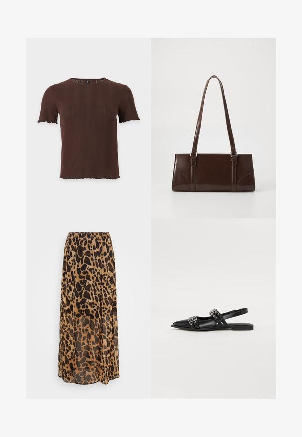 Brun kortærmet ribstrikket top med rund halsudskæring og bølgete kanter ved ærmer og kant, vist på ensartet lys baggrund.; Maxi nederdel i leopardmønster i nuancer af brun og sort, lavet af letvægtsstof med et flydende design og elastisk talje.; Even&Odd by Zalando Slingback-ballerinasko - black; Brun lakeret håndtaske med rektangulær form, to lange håndtag og subtile buede detaljer på fronten.