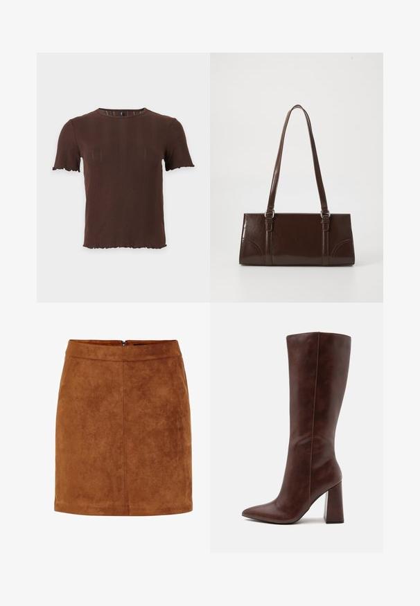 Brun kortærmet ribstrikket top med rund halsudskæring og bølgete kanter ved ærmer og kant, vist på ensartet lys baggrund.; Brun ruskind mini skirt med en glat tekstur, lige snit og en diskret lynlås bagpå. Har søm detaljer for struktur.; Høj brun læderstøvle med spids tå og chunky blokhæl, vist i sidevis mod en ensartet lys baggrund.; Brun lakeret håndtaske med rektangulær form, to lange håndtag og subtile buede detaljer på fronten.