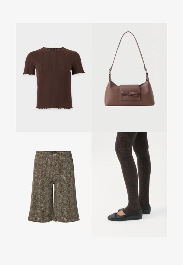 Haut marron en maille côtelée à manches courtes avec un col rond et des bords festonnés aux manches et à l'ourlet, présenté sur un fond clair uni.; Short en denim imprimé léopard marron et noir avec fermeture à boutons sur le devant et passants de ceinture, longueur genou.; Jambes portant des leggings côtelés foncés associés à des ballerines noires avec de petits détails en nœud sur fond blanc.; Sac à bandoulière en cuir marron avec une poche à rabat avant ornée d'un détail en forme de nœud cousu et une sangle réglable.