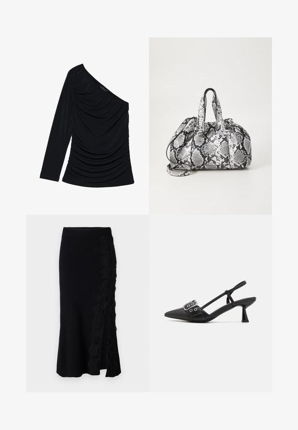 Zwarte lange mouwen top met een off-shoulder ontwerp, textuur ruching aan de voorkant en een gladde stofafwerking.; Zwarte gebreide rok met een golvende kantafwerking aan de zijkant. De zoom is licht uitlopend en de tailleband is glad en aansluitend.; Simmi London DALA - Klassieke pumps - black; Zwart-wit handtas met slangenhuidpatroon, voorzien van twee handvaten, een trekkoordsluiting en een afneembare schouderriem. Hanteert een gladde textuur.
