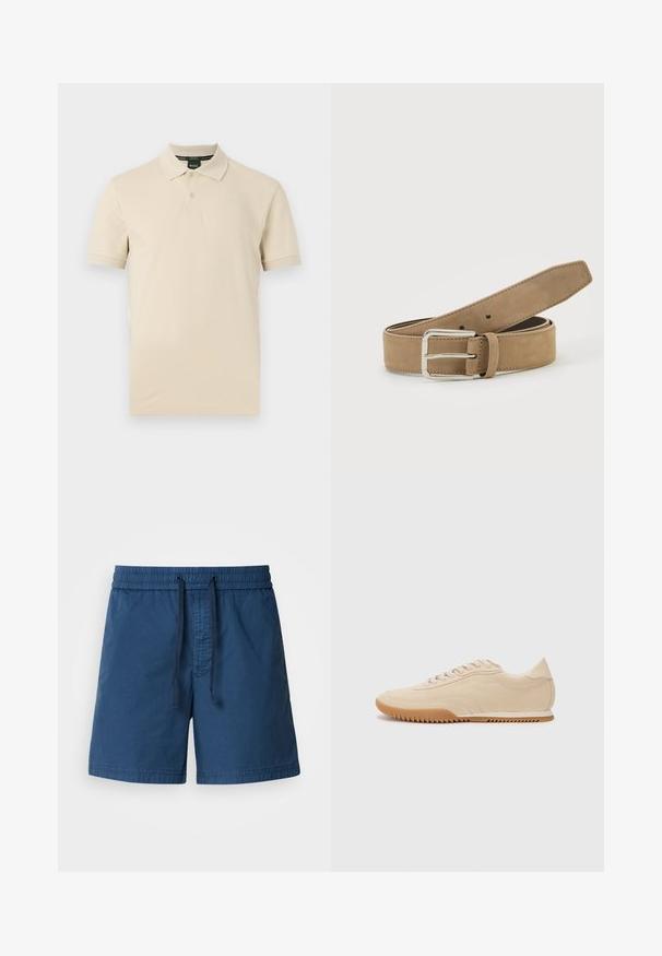 Polo beige à manches courtes avec deux boutons, col classique, et logo BOSS subtilement en relief sur le côté gauche de la poitrine.; Shorts de bain bleu marine avec une taille élastique, fermeture à cordon et un tissu texturé. Le design présente une coupe droite et sans poches.; Baskets en daim beige au design épuré, présentant une tige texturée, un bout rond et une semelle en caoutchouc avec un motif en zigzag.; Ceinture en daim marron clair avec boucle métallique argentée, roulée et posée sur une surface blanche.