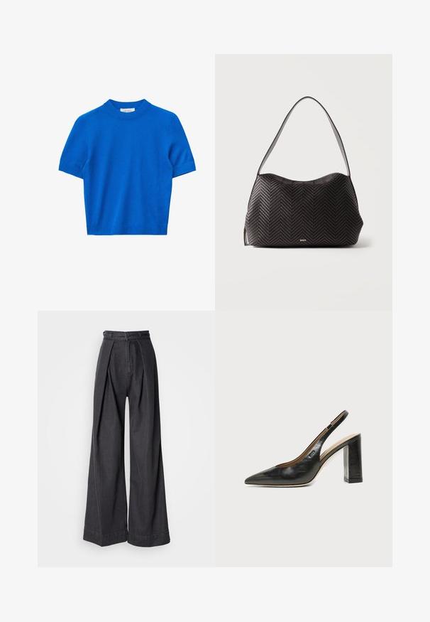 Felblauwe korte mouw gebreide trui met een ronde hals en geribbelde manchetten en zoom.; Zwarte denim broeken met wijde pijpen en een hoge taille, voorzien van voorplooien en een klassieke ritssluiting. Strakke, gladde textuur met een nette afwerking.; Zwarte leren slingback schoen met spits toelopend neusje, hoge blokhak en beige binnenvoering tegen een effen lichte achtergrond.; Zwarte geweven leren schoudertas met enkele riem en klein gouden "BOSS" logo aan de voorkant in het midden.