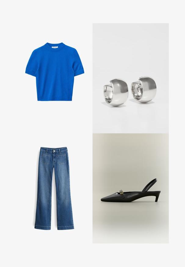 Felblauwe korte mouw gebreide trui met een ronde hals en geribbelde manchetten en zoom.; Vervaagde blauwe denim wijde pijpen jeans met een knoopsluiting, riemlussen en twee achterzakken. Soepele textuur met een klassieke vijf-pocket ontwerp.; Zwarte lederen slingback kitten heel met puntige neus en klein gouden gespsluiting op een effen achtergrond.; Uncommon Matters SCULPTURAL LARGE CREOLE - Oorbellen - silver-coloured