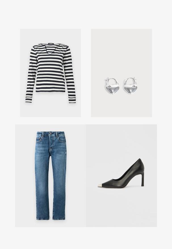 Langærmet sort og hvid vandret striped skjorte med rund halsudskæring, vist fladt på en ensfarvet baggrund.; Herre blå denim jeans med lige pasform, fem lommer og knaplukning. Har let falmning og syet detaljer.; Sort læder højhælet sko med spids tå og metal-sølv hætte. Har en glat finish og en slank hæl på 10 cm.; Par skinnende sølv hjerteformede hængelås øreringe med små nøglehul detaljer på en ensartet lys baggrund.