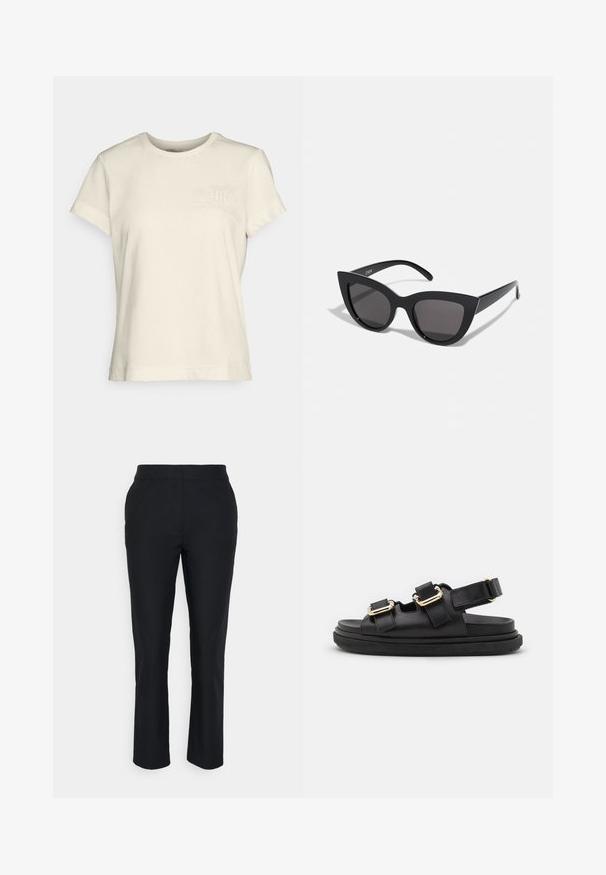 Camiseta de algodón color crema con cuello redondo, mangas cortas y un logo en relieve en el pecho izquierdo. Textura suave, corte clásico.; Pantalones negros ajustados con pierna recta, hechos de una tela suave. Presentan una cinturilla sin cierres visibles ni bolsillos.; ALOHAS HARPER - Sandalias - black; Gafas de sol negras en forma de ojo de gato con un acabado mate, que presentan lentes ahumados grises, ángulos pronunciados y brazos laterales elegantes. Nombre de la marca visible en el interior del brazo.