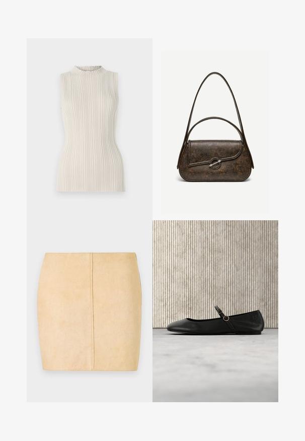 Top sans manches en beige clair, doté d'une texture côtelée et d'un col haut froncé. La silhouette cintrée met en valeur la forme.; Jupon mini en suède beige offrant une texture lisse, une silhouette ajustée et un détail de couture centrale. Pas de matériel ou d'embellissements visibles.; Ballerine en cuir noir avec bout arrondi, dotée d'une fine lanière et d'une boucle circulaire dorée. Texture lisse et design minimaliste.; Sac à main en cuir brun foncé texturé avec deux anses, forme rectangulaire arrondie, et fermeture à bouton circulaire argenté sur le rabat avant.