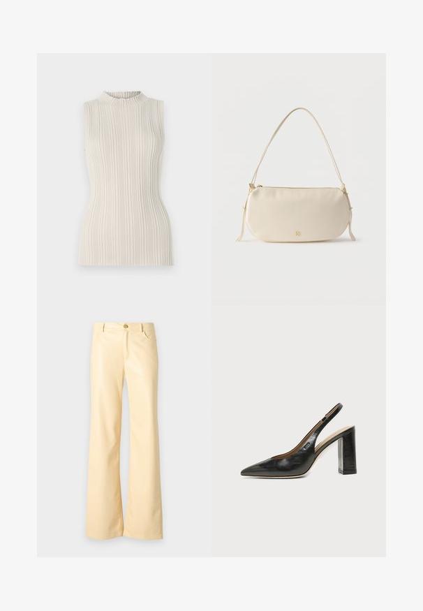 Ärmelloses Oberteil in hellem Beige mit geripptem Stoff und einem hohen, gerafften Kragen. Die taillierte Silhouette betont die Form.; Weite Beinschuhe in einem blassen Gelb, aus glattem, glänzendem Material. Verfügt über einen Vorderknopf, zwei Seitentaschen und einen geraden Schnitt.; Schwarzer Leder-Slingback-Schuh mit spitzer Kappe, hohem Blockabsatz und beigegefüttertem Innenraum vor hellem, einfarbigem Hintergrund.; Klein cremefarbene Schultertasche mit einem einzelnen Riemen, Reißverschluss und dezentem goldfarbenem Markenlogo auf der Vorderseite.