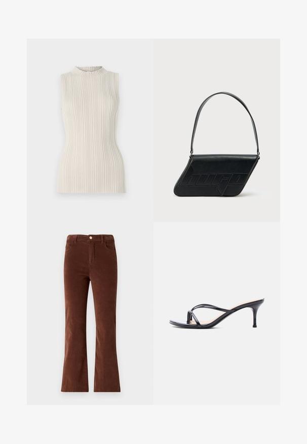 Top sans manches en beige clair, doté d'une texture côtelée et d'un col haut froncé. La silhouette cintrée met en valeur la forme.; Pantalons évasés en velours côtelé marron avec une taille mi-haute, dotés d'une fermeture à bouton et de deux poches avant. Texture lisse et couleur uniforme.; Sandale à talon en cuir verni noir avec fines lanières croisées et talon aiguille moyen et élancé sur fond blanc.; Sac d'épaule en cuir noir de forme triangulaire, avec un logo embossé et une seule bandoulière réglable. Design minimaliste avec une texture lisse.