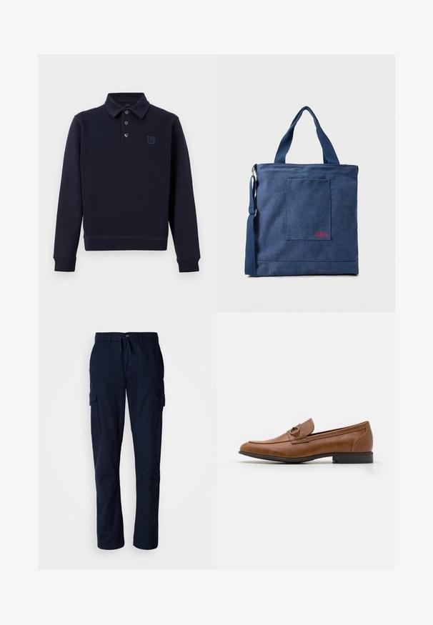 Polo bleu marine à manches longues avec trois boutons, poignets et ourlet côtelés, et petit logo ton sur ton sur la poitrine gauche.; Pantalons cargo bleu marine en tissu durable, dotés de deux poches latérales et d'une taille à cordon de serrage pour un ajustement réglable.; Mocassins en cuir marron avec un talon plat, ornés d'un accent métallique décoratif à l'avant, au design épuré et à la texture lisse.; Sac fourre-tout en toile bleue avec poche frontale et broderie rouge "O.N.S", doté de doubles poignées et d'une bandoulière réglable.