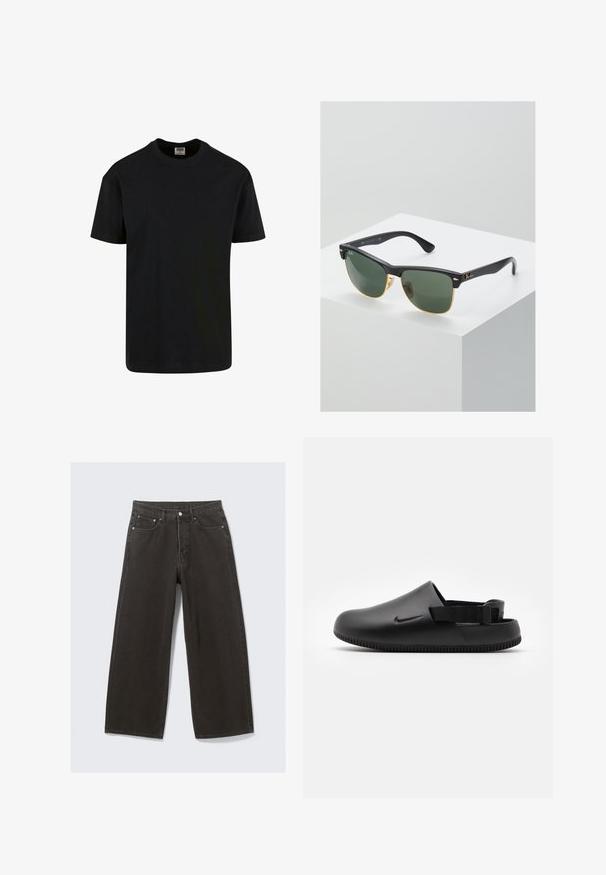 Urban Classics SHORTSLEEVE - T-shirts basic - black; Bredde ben sorte denim jeans har høj talje, fem-lomme design og knaplukning foran. Stoffet har en blød, tekstureret overflade.; Sorte formede klipklapper med en glat overflade, rygstrop for stabilitet og en ribbet sål for greb. Fungerer med et lille logo på siden.; Ray-Ban solbriller med grønne linser, sorte plastikstel og gyldne detaljer ved kanterne. Firkantet form med mat finish.