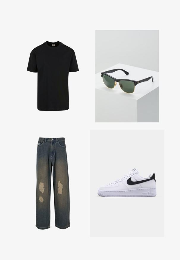 Urban Classics SHORTSLEEVE - T-shirt basic - black; Verbleekte blauwe denim jeans met een wijde pijp, voorzien van versleten plekken en rafelige randen. Metalen knoop- en ritssluiting, met voorzakken.; Witte leren sneaker met een gestructureerde zwarte Swoosh, platte veters en een rubberen zool met een geribbeld patroon. "AIR" is in de hak geperst.; Ray-Ban zonnebrillen met groene lenzen, zwarte plastic monturen en gouden accenten aan de randen. Vierkante vorm met een matte afwerking.